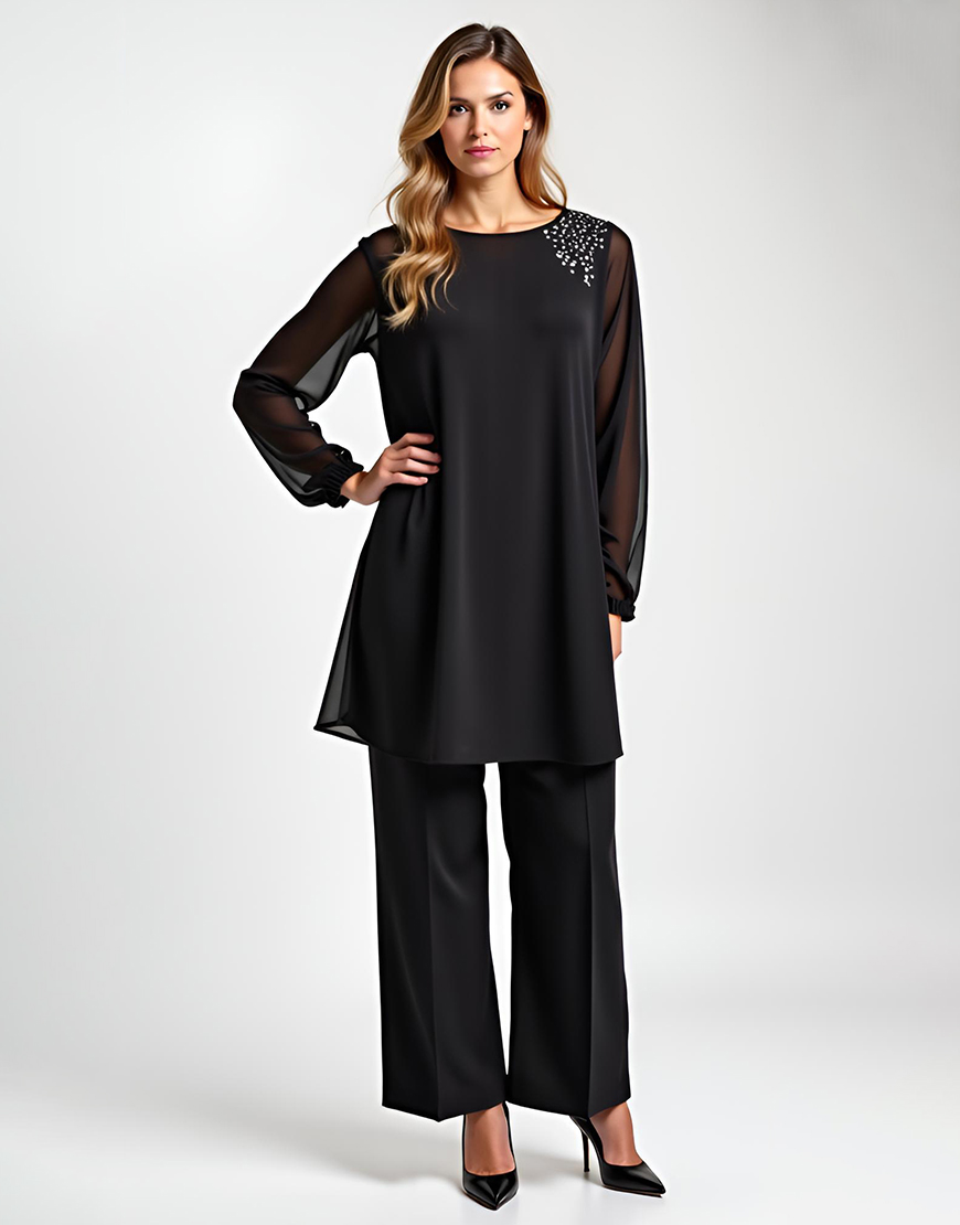 Black 2 Piece Long Sleeves Chiffon Beaded Mother of the Bride Pantsuit