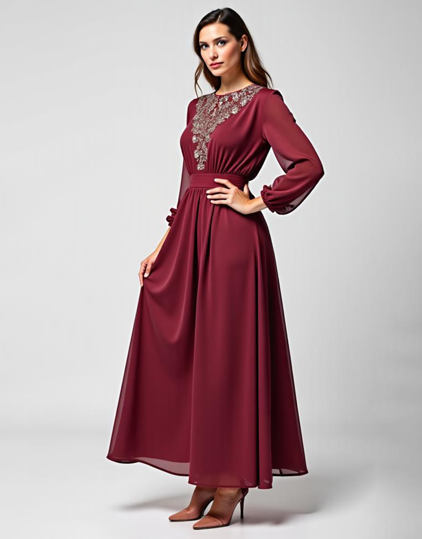 Burgundy A Line Long Sleeves Chiffon Mother of the Bride Dress with Appliques
