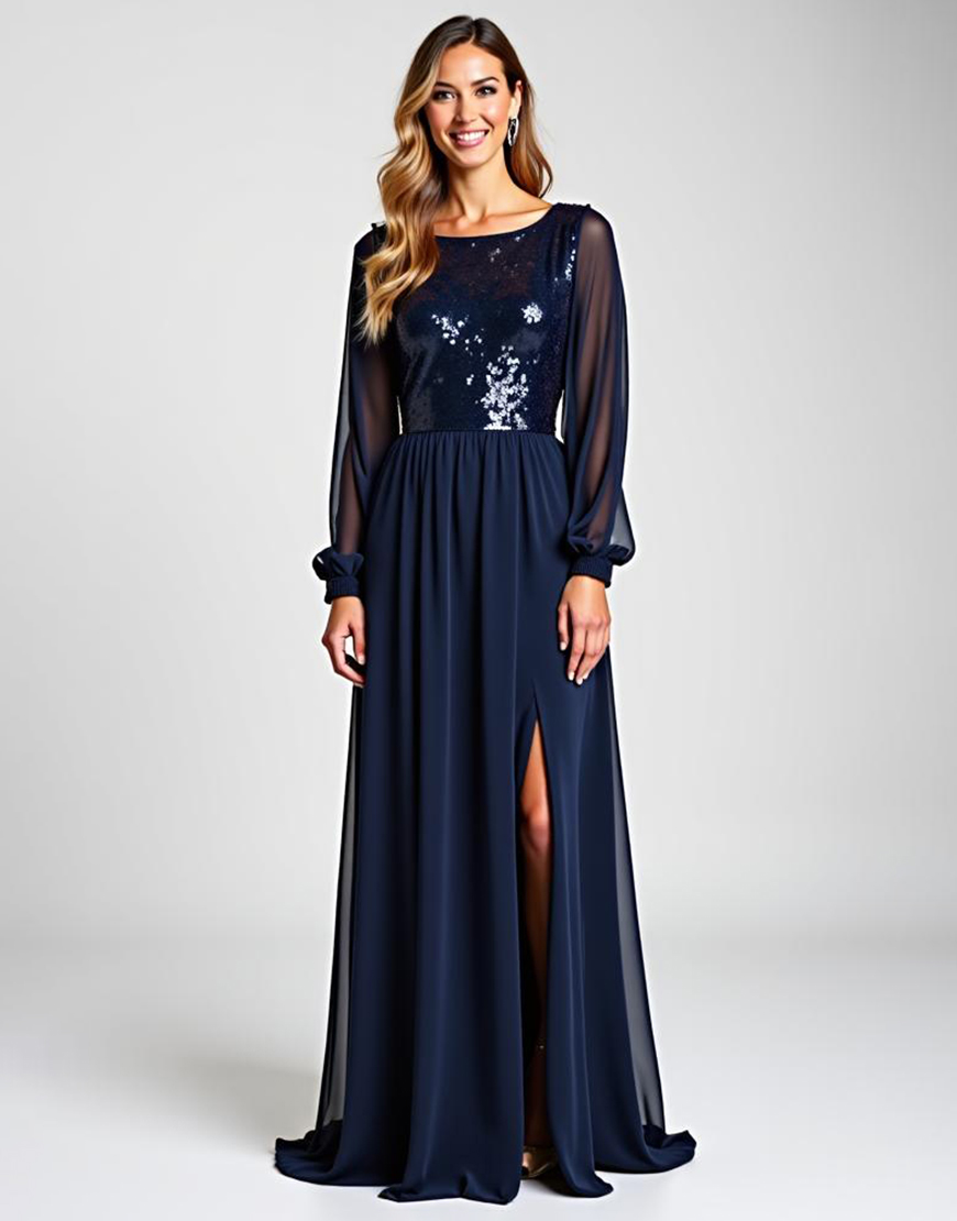 Sparkly Navy Chiffon Long Sleeves Sequin Long Mother of the Bride Dress with Slit