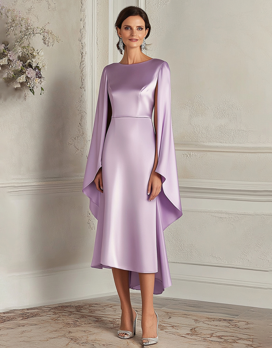 Lilac Scoop Sheath Ruffle Sleeves Satin Formal Dress