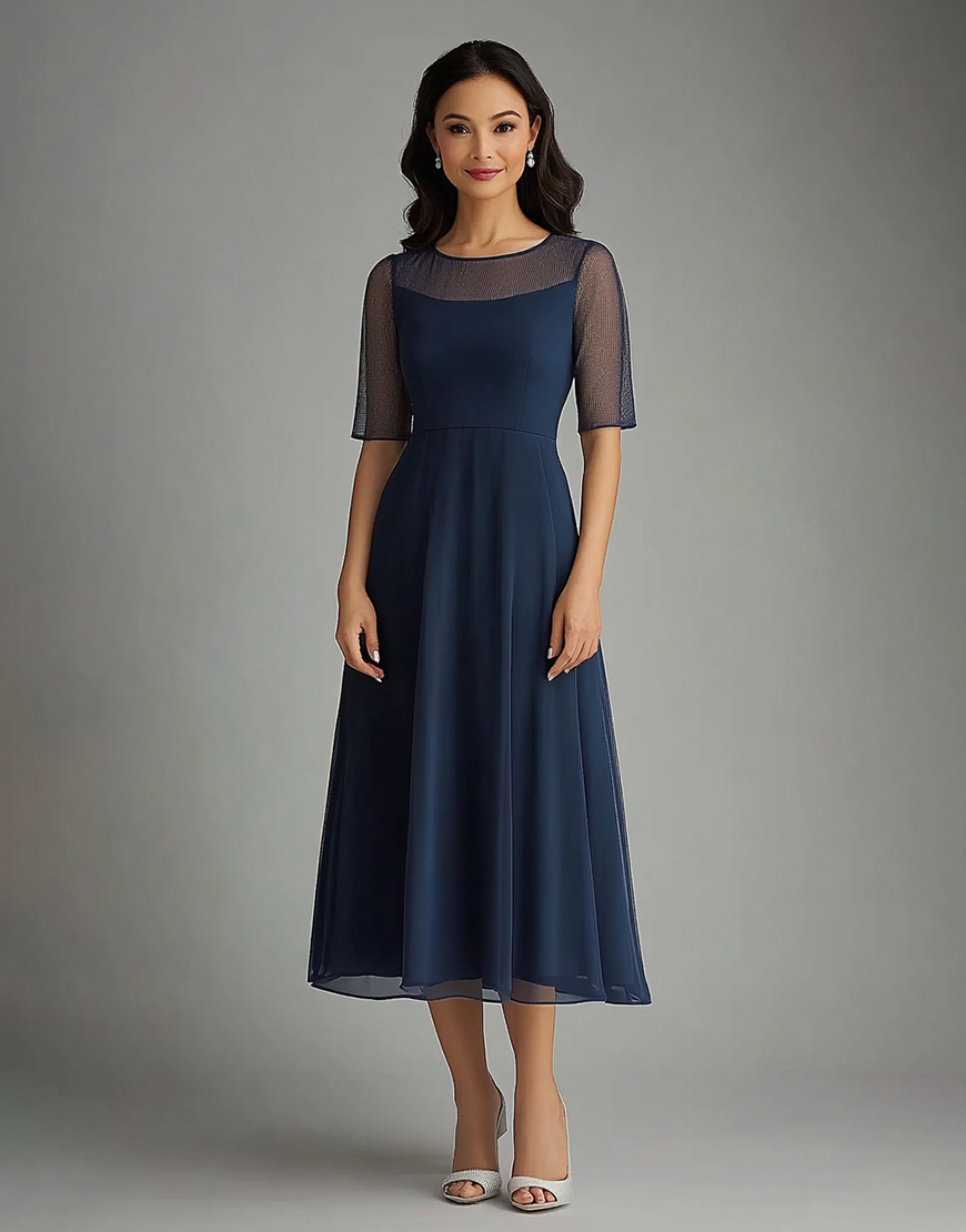 Navy A Line Illusion Neck Long Chiffon Mother of the Bride Dress