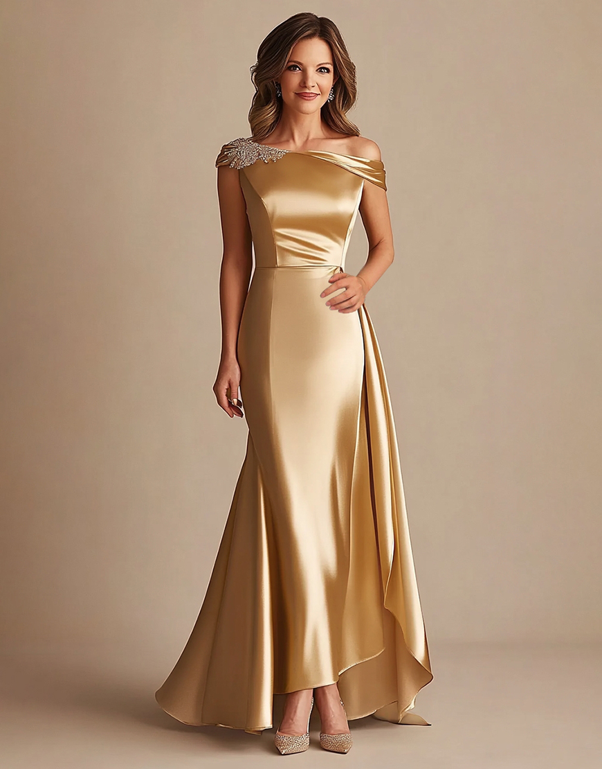 Gold Off the Shoulder Sheath Satin Beaded Long Formal Dress