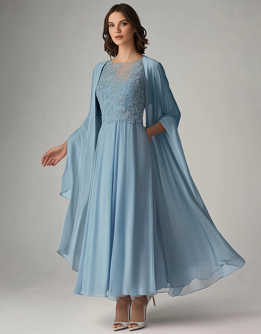 Blue A Line Scoop Chiffon Long Formal Dress with Appliques