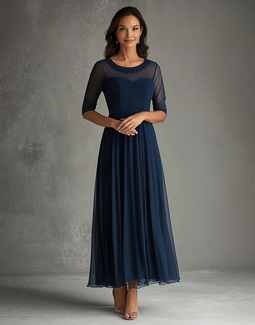 A Line Scoop Navy Illusion Neck Long Formal Dress 