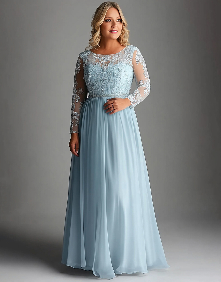 Sky Blue A Line Plus Size Lace Long Sleeves Long Mother of the Bride Dress