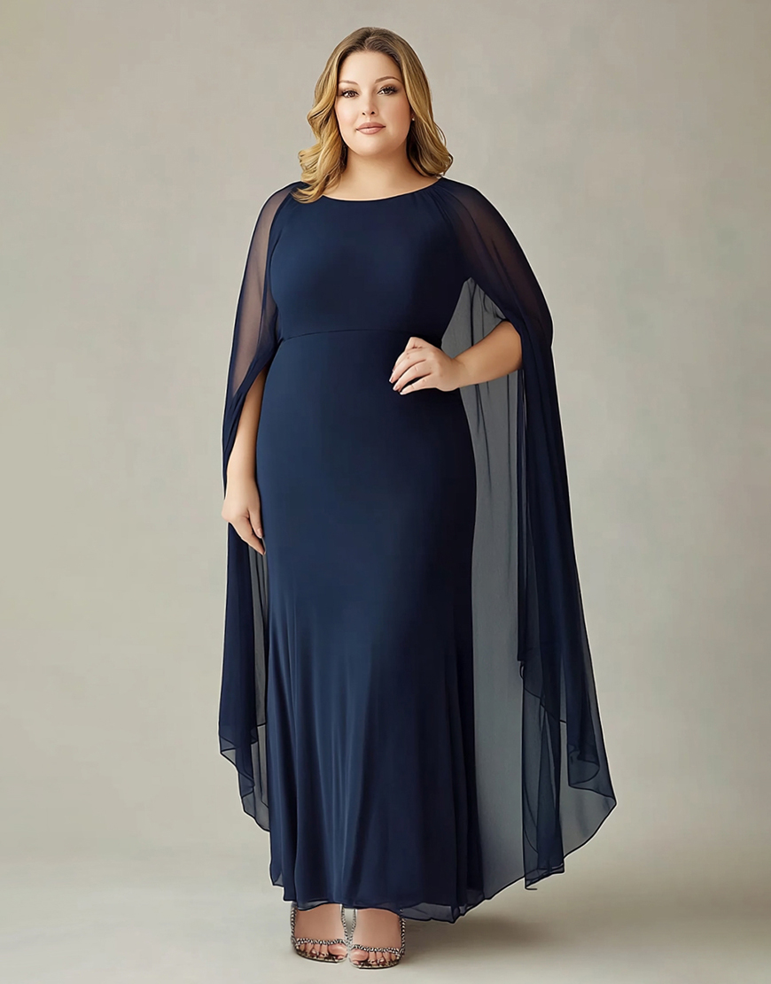 Navy Sheath Scoop Plus Size Chiffon Long Mother of the Bride Dress with Back Cape