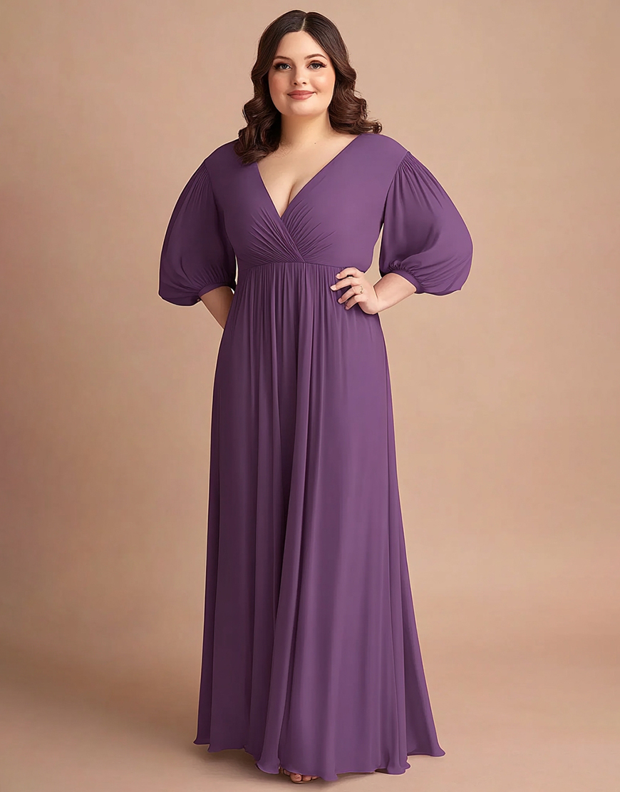 Plum A Line Plus Size V-Neck Puff Sleeves Chiffon Long Mother of the Bride Dress