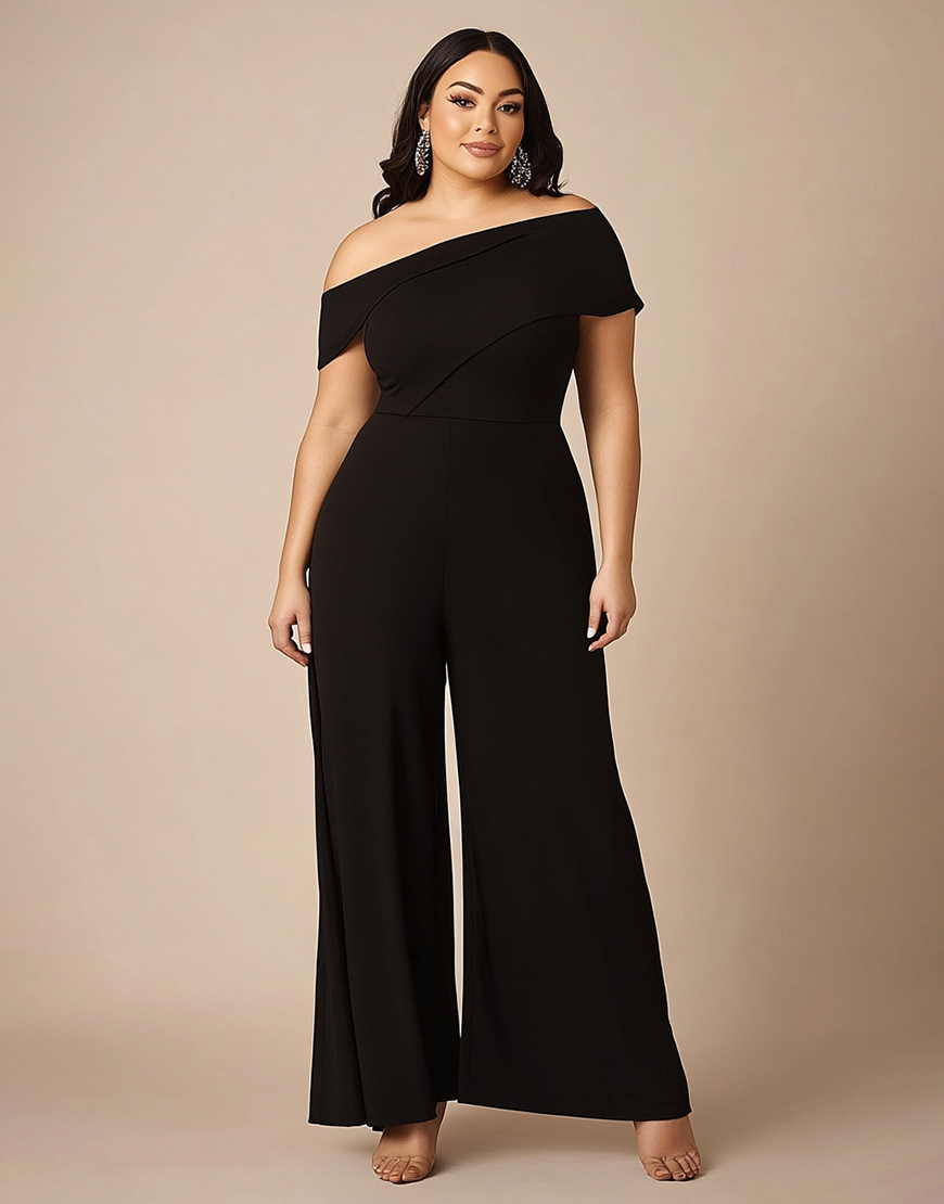 Black Off the Shoulder Plus Size Chiffon Mother of the Bride Pantsuit