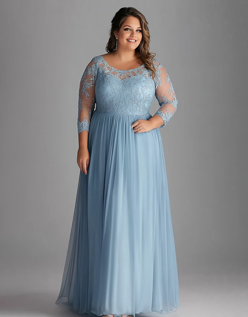Sky Blue A Line Plus Size Long Tulle Mother of the Bride Dress with Lace Appliques
