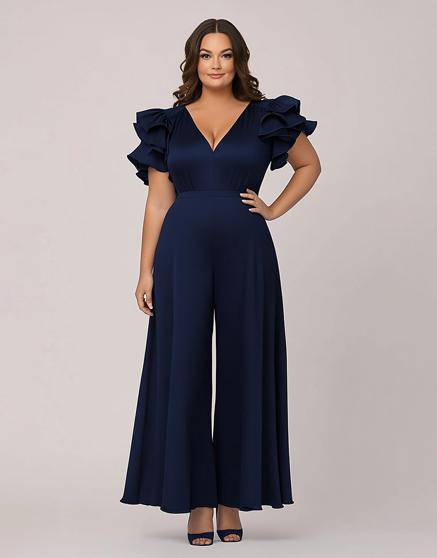 Navy V-Neck Ruffle Sleeves Chiffon Plus Size Mother of the Bride Pantsuit 