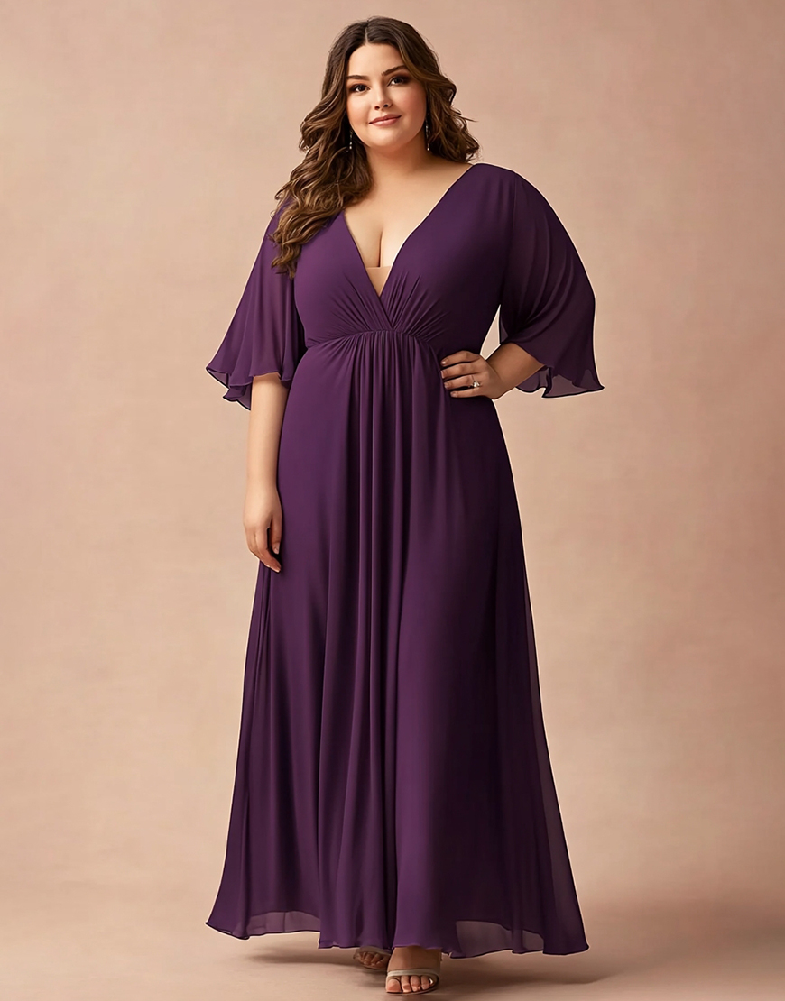 Dark Purple A Line Plus Size V-Neck Chiffon Long Mother of the Bride Dress