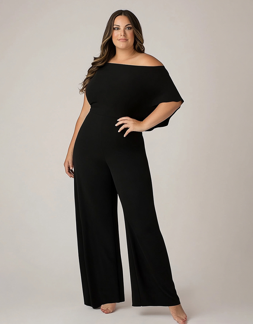 Black Off the Shoulder Plus Size Chiffon Mother of the Bride Pantsuit