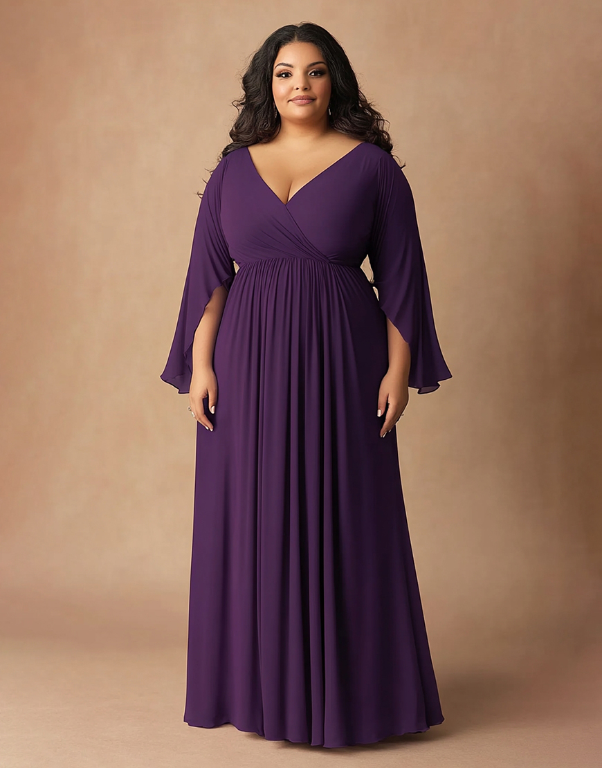 A Line Dark Purple V-Neck Long Chiffon Plus Size Mother of the Bride Dress