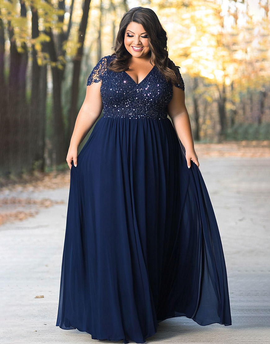 Sparkly Navy Plus Size V Neck A Line Long Mother of the Bride Dress with Sequin