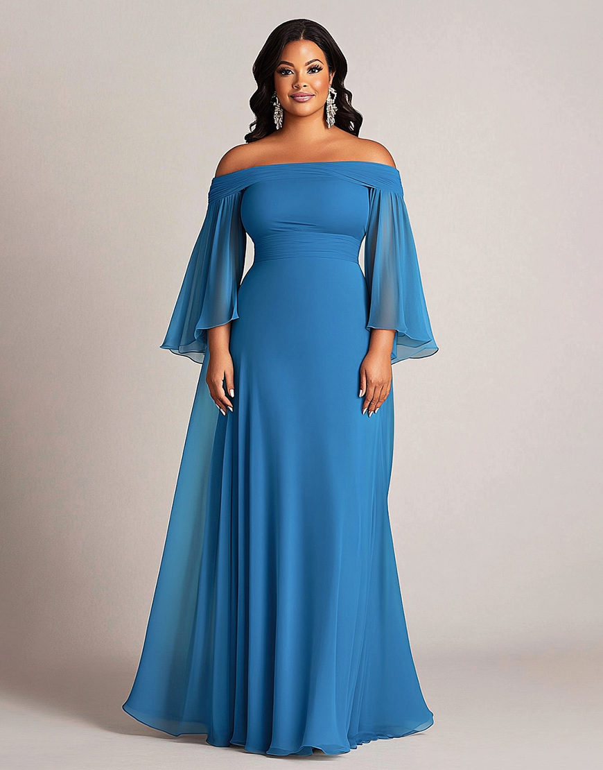 Blue Chiffon Off the Shoulder A Line Plus Size Long Mother of the Bride Dress