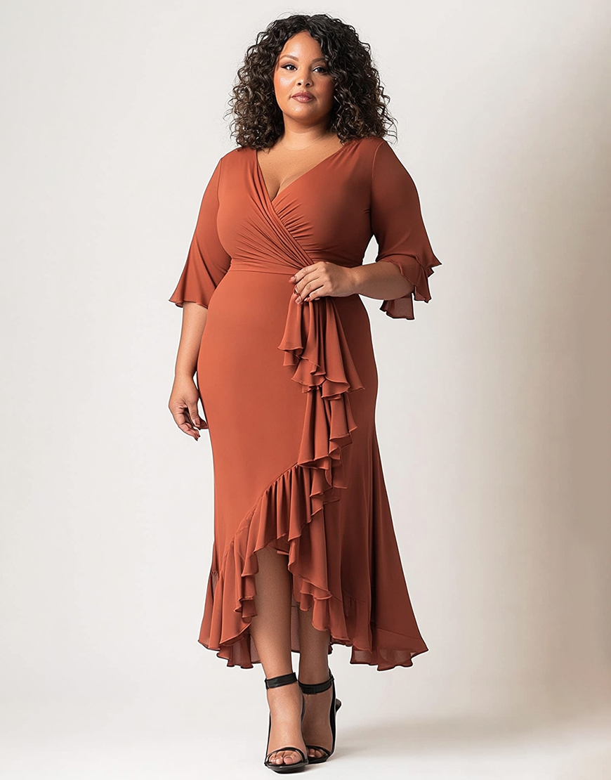 Terracotta V Neck Sheath Ruffled Plus Size Long Mother of the Bride Dress