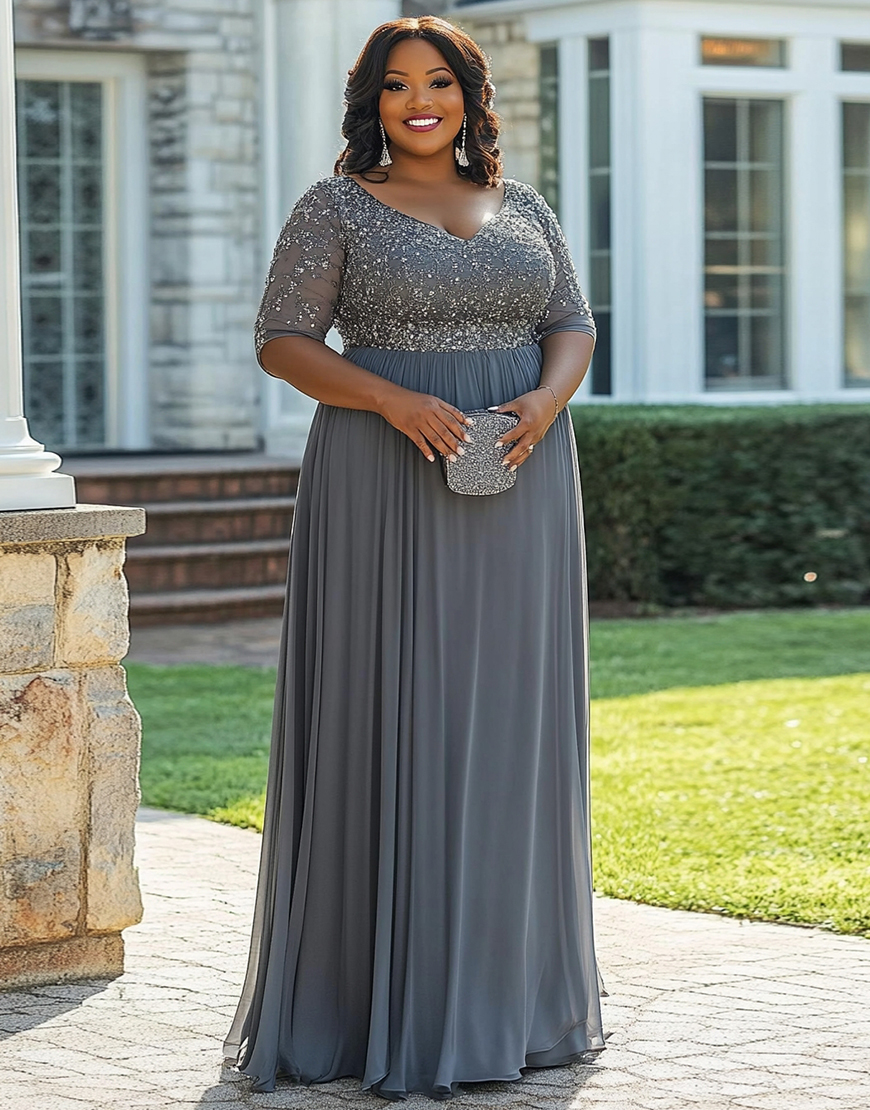 Sparkly Grey Beaded A Line Plus Size Chiffon Long Mother of the Bride Dress