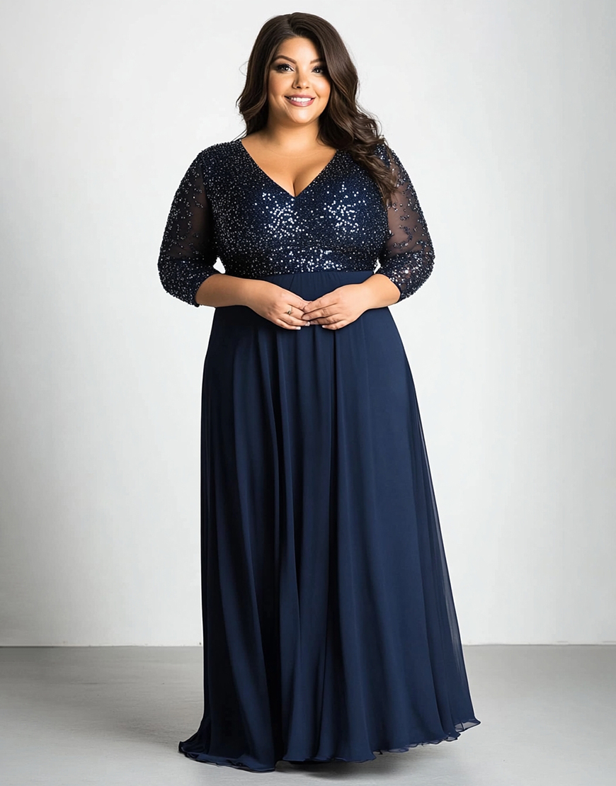 Sparkly Plus Size Navy A Line V-Neck Long Mother of the Bride Dress with Sequin
