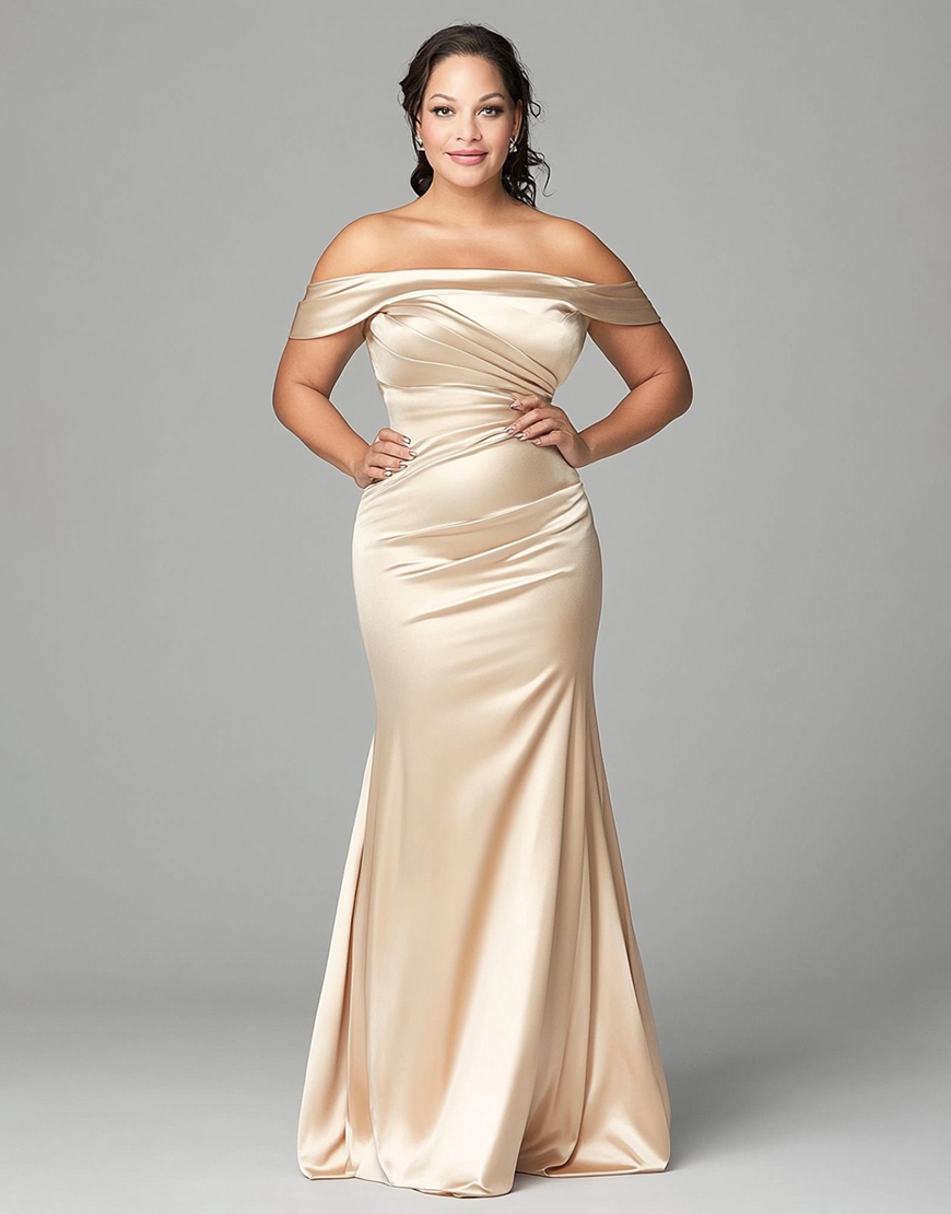 Champagne Sheath Plus Size Off the Shoulder Satin Long Mother of the Bride Dress