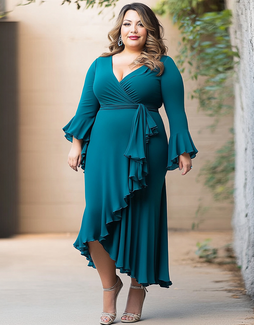 Peacock V-Neck Flare Sleeves Ruffled Long Plus Size Mother of the Bride Dress