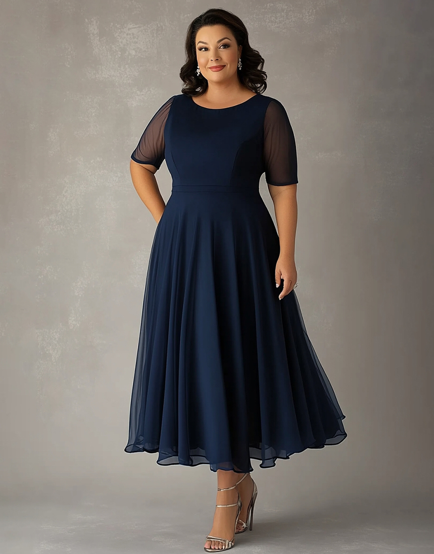 Navy Scoop A Line Half Sleeves Long Plus Size Mother of the Bride Dress