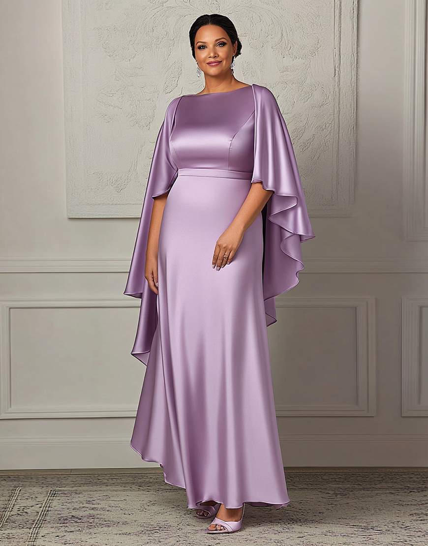 Lilac Sheath Satin Long Plus Size Mother of the Bride Dress with Shawl