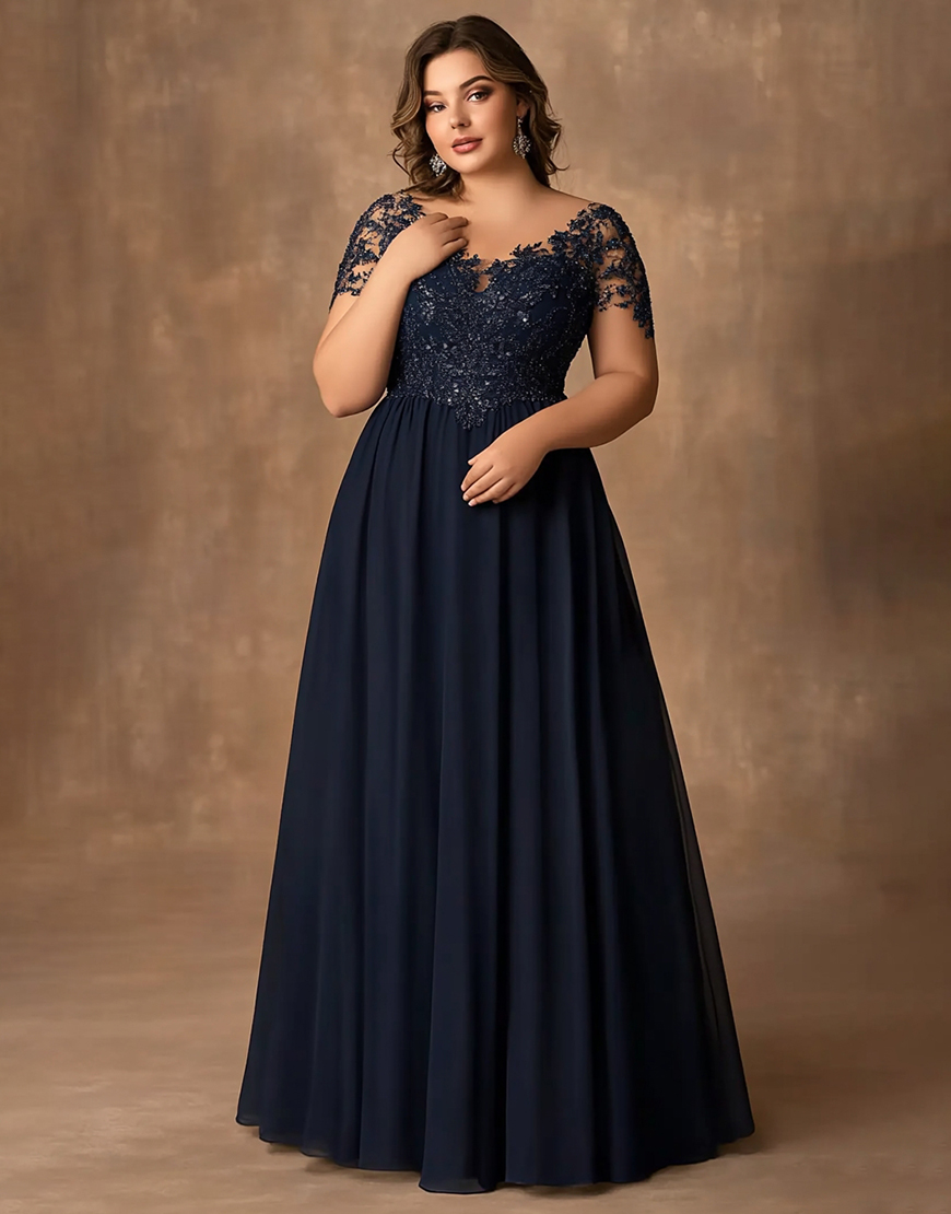 Navy A Line Plus Size Lace Long Mother of the Bride Dress with Appliques