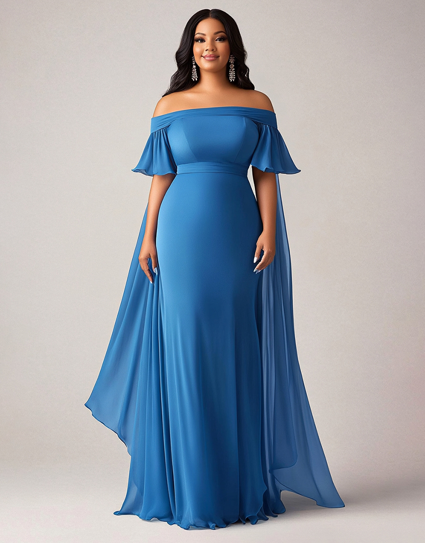 Blue Off the Shoulder Cape Chiffon Plus Size Long Mother of the Bride Dress