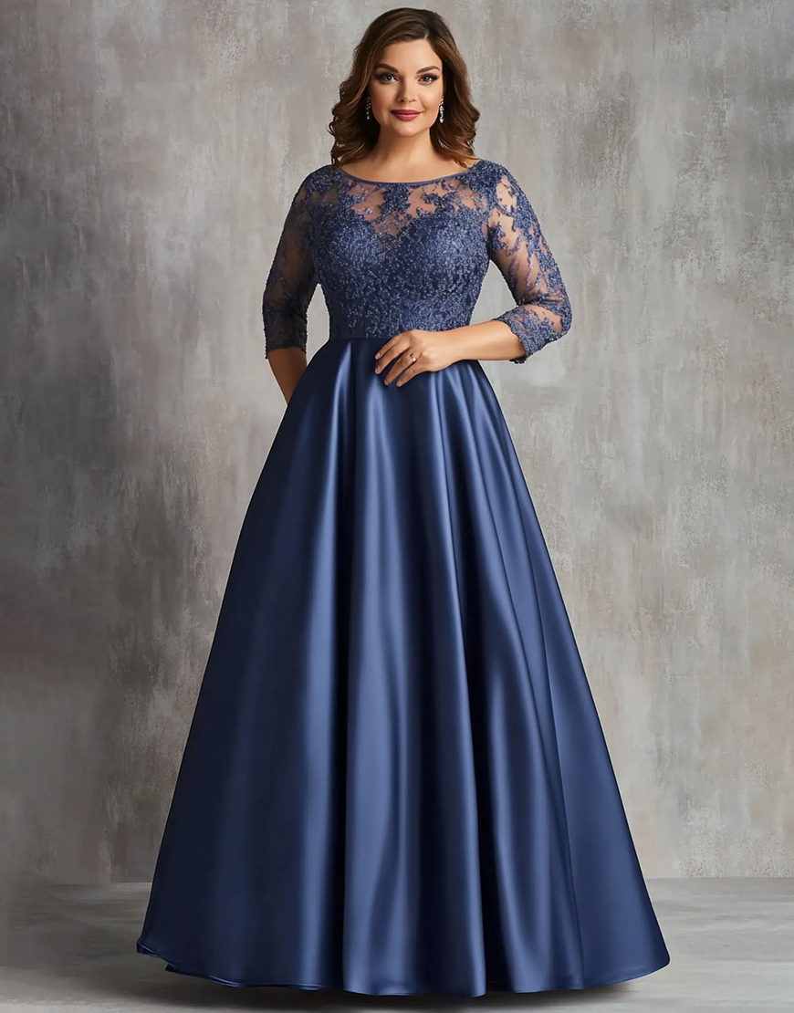 Navy A Line Lace Plus Size Long Satin Mother of the Bride Dress