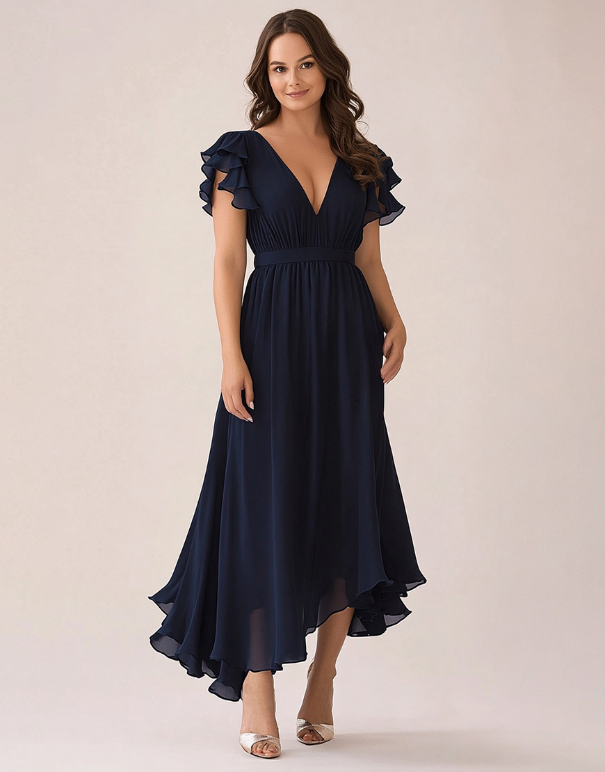 Navy V-Neck Cap Sleeves Chiffon Plus Size Long Mother of the Bride Dress