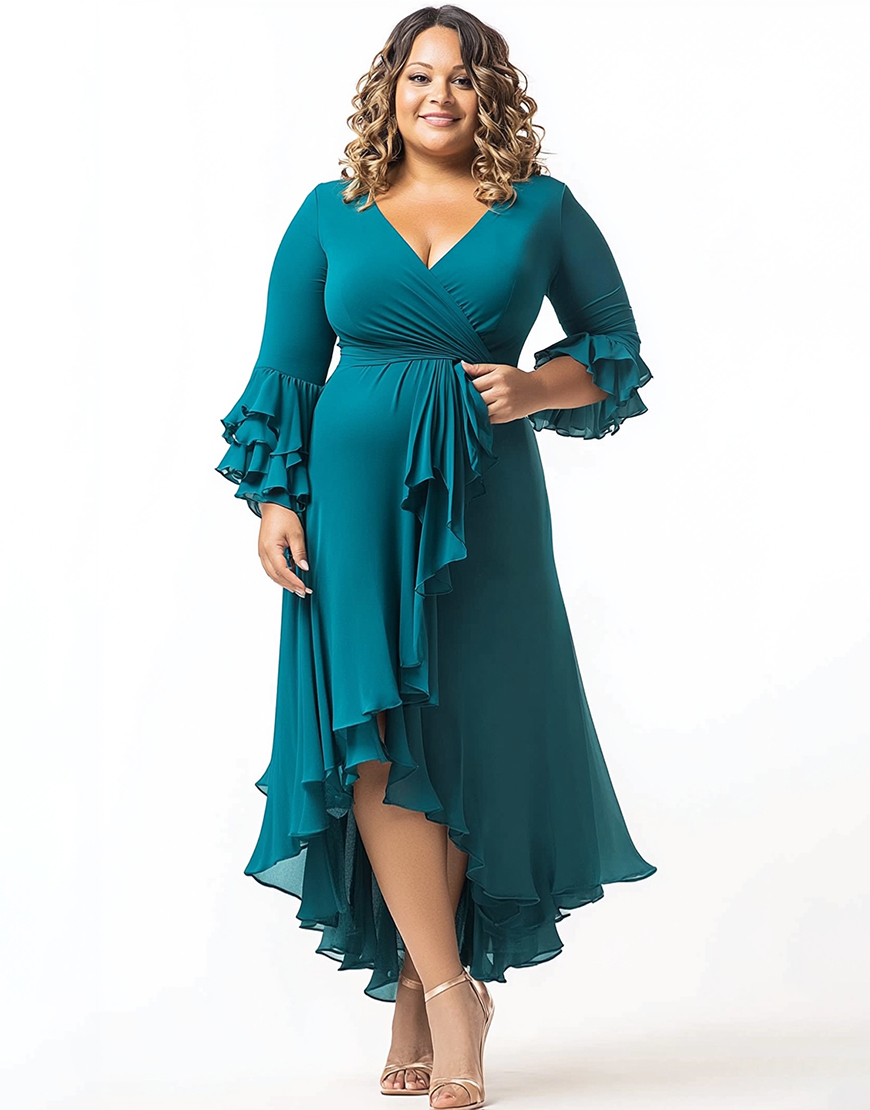 Peacock V-Neck Half Sleeves Plus Size Asymmetrical Mother of the Bride Dress