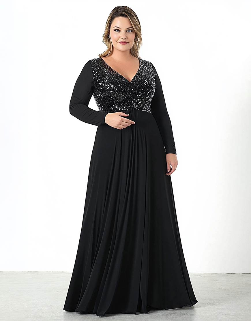 Sparkly Black A Line Chiffon Plus Size Long Mother of the Bride Dress with Sequin