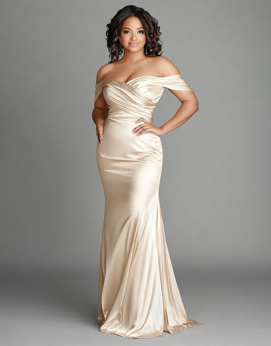 Champagne Off the Shoulder Sheath Plus Size Satin Long Mother of the Bride Dress