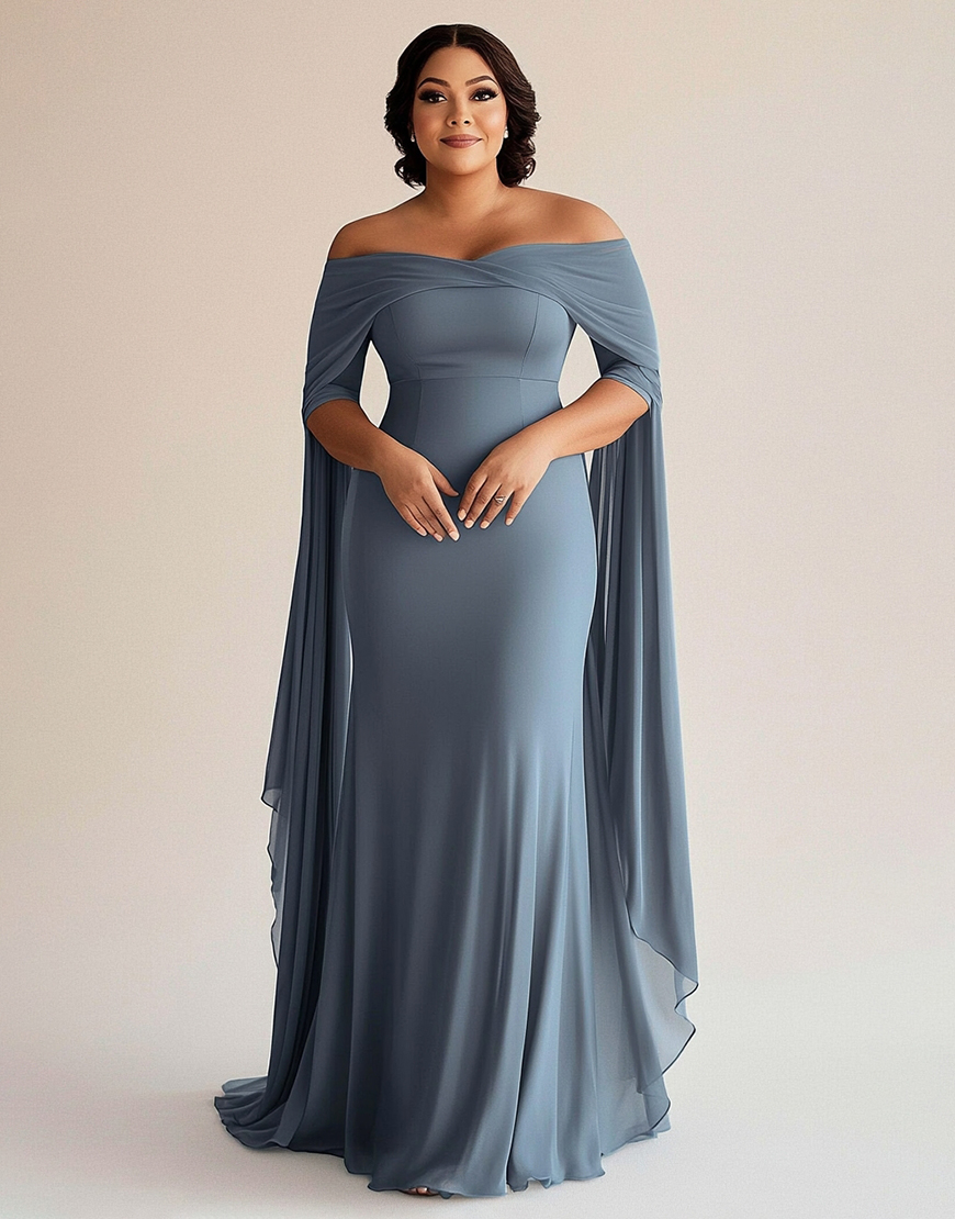 Grey Blue Off the Shoulder Cape Plus Size Long Chiffon Mother of the Bride Dress