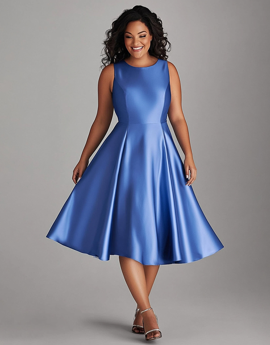 A Line Blue Scoop Satin Plus Size Mother of the Bride Dress