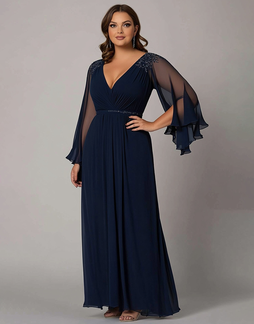 Navy V-Neck Ruffle Sleeves Long Plus Size Mother of the Bride Dress with Appliques