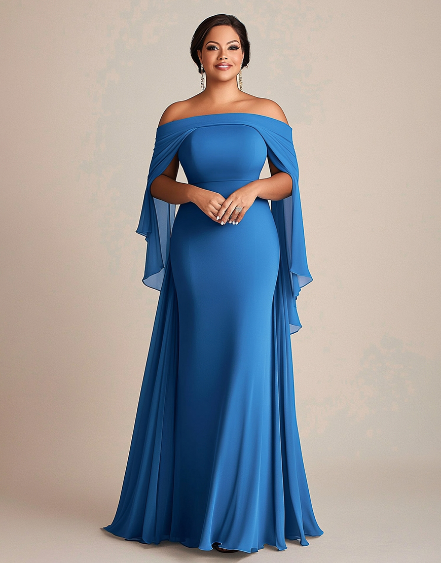 Blue Chiffon Off the Shoulder Cape Sheath Long Plus Size Mother of the Bride Dress