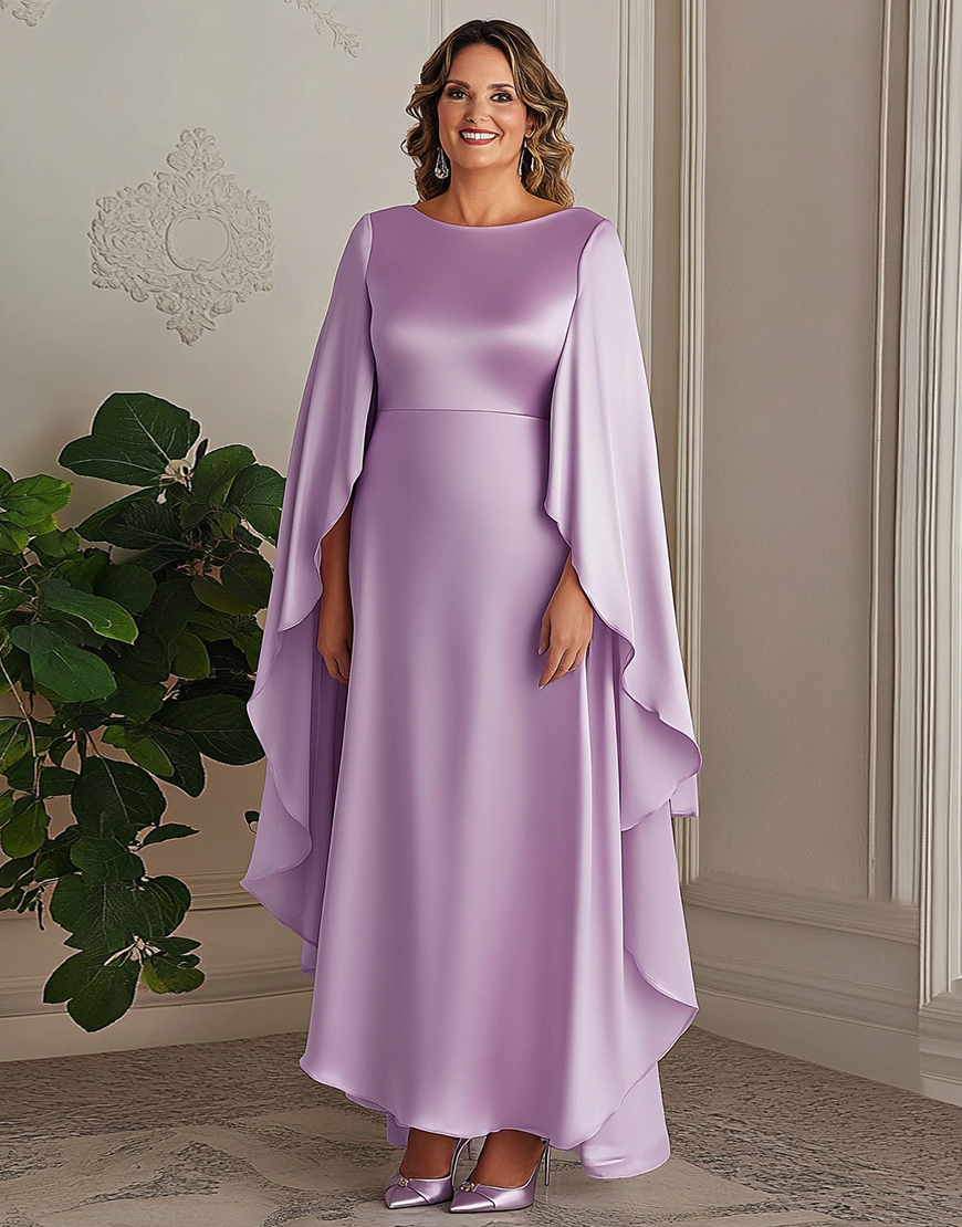 Lilac A Line Scoop Satin Long Plus Size Mother of the Bride Dress with Shawl