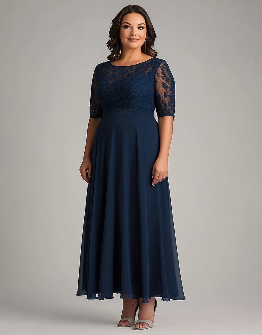 Navy A Line Lace Half Sleeves Long Plus Size Mother of the Bride Dress