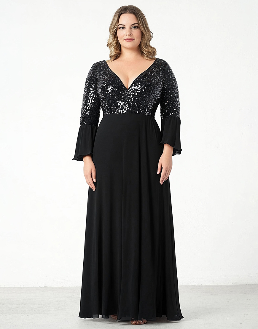 Sparkly Black A Line V Neck Long Plus Size Mother of the Bride Dress with Sequin