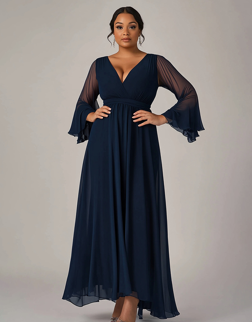 Navy V-Neck A Line Long Chiffon Plus Size Mother of the Bride Dress