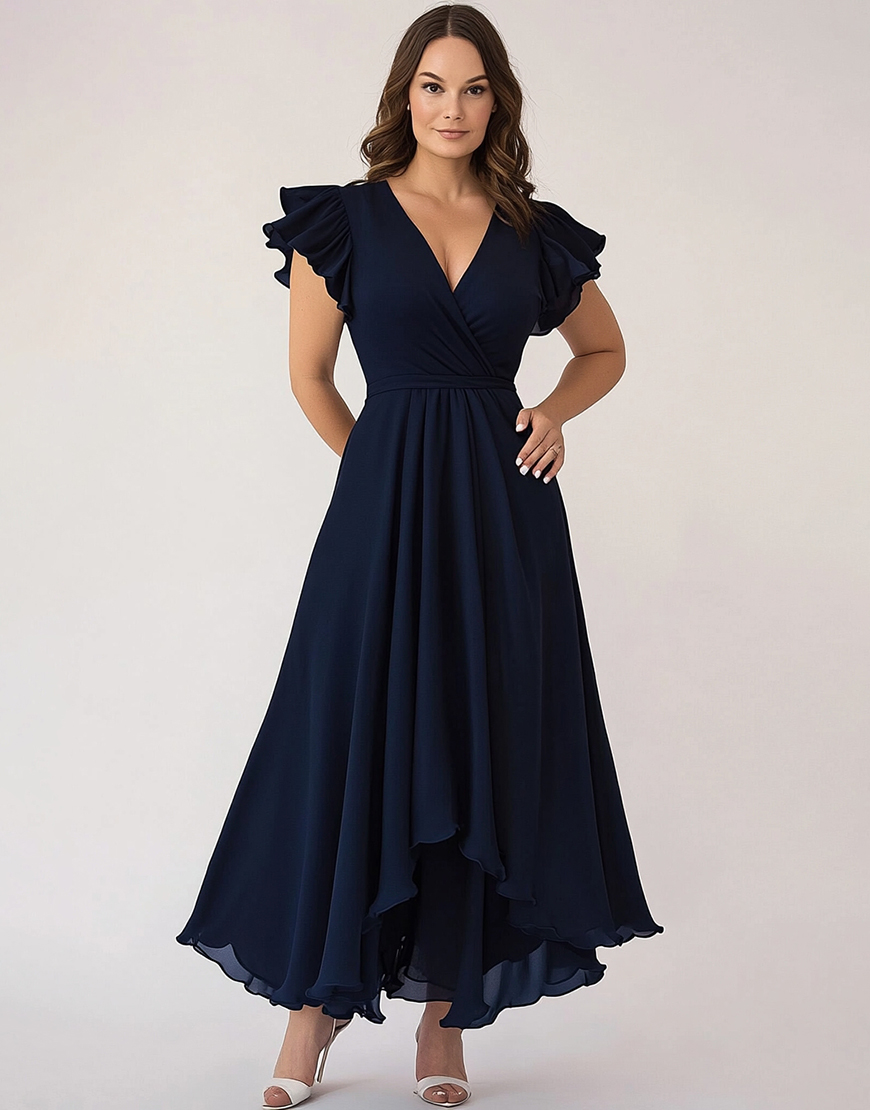 Navy A Line V Neck Long Plus Size Mother of the Bride Dress with Cap Sleeves 