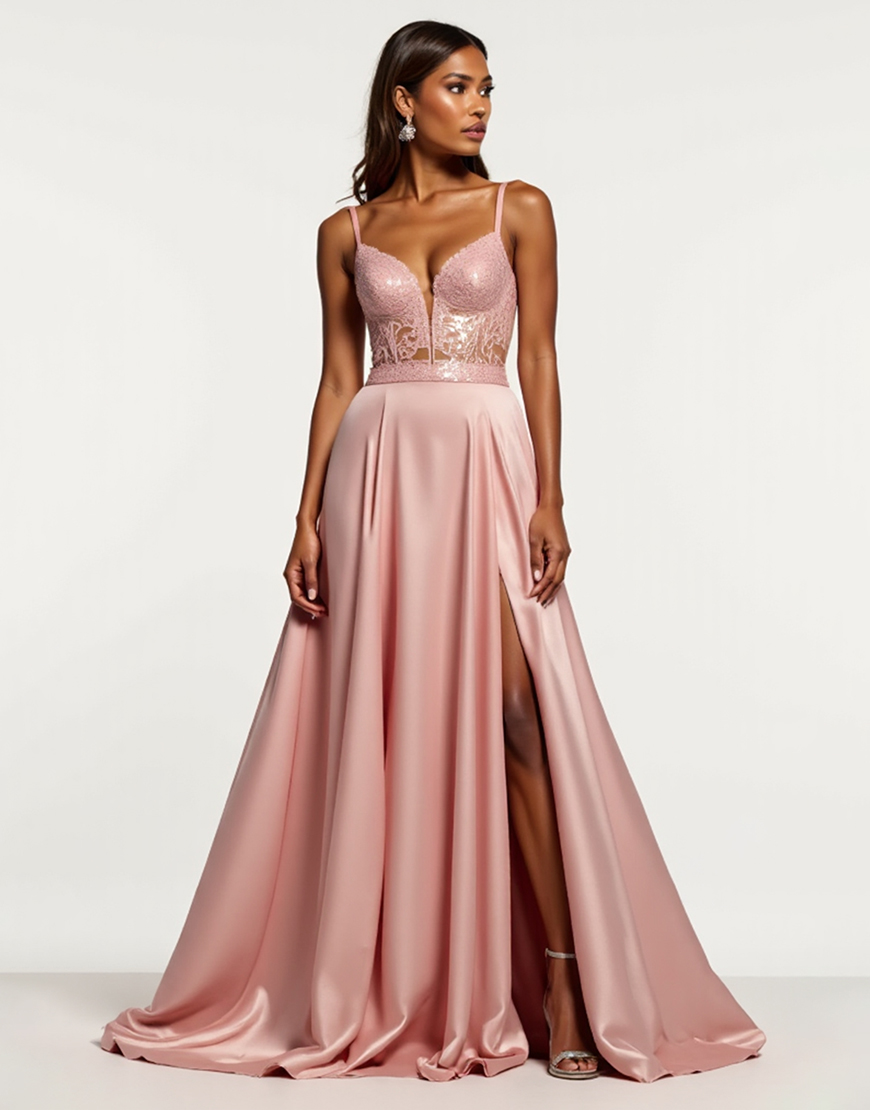 Dusty Rose A-Line Spaghetti Straps Laced Long Prom Dress with Slit