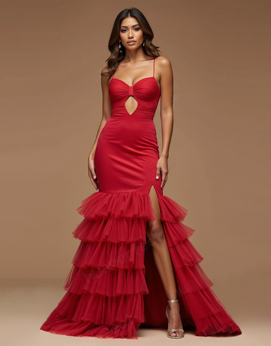 Dark Red Mermaid Keyhole Spaghetti Straps Ruffles Long Prom Dress with Slit