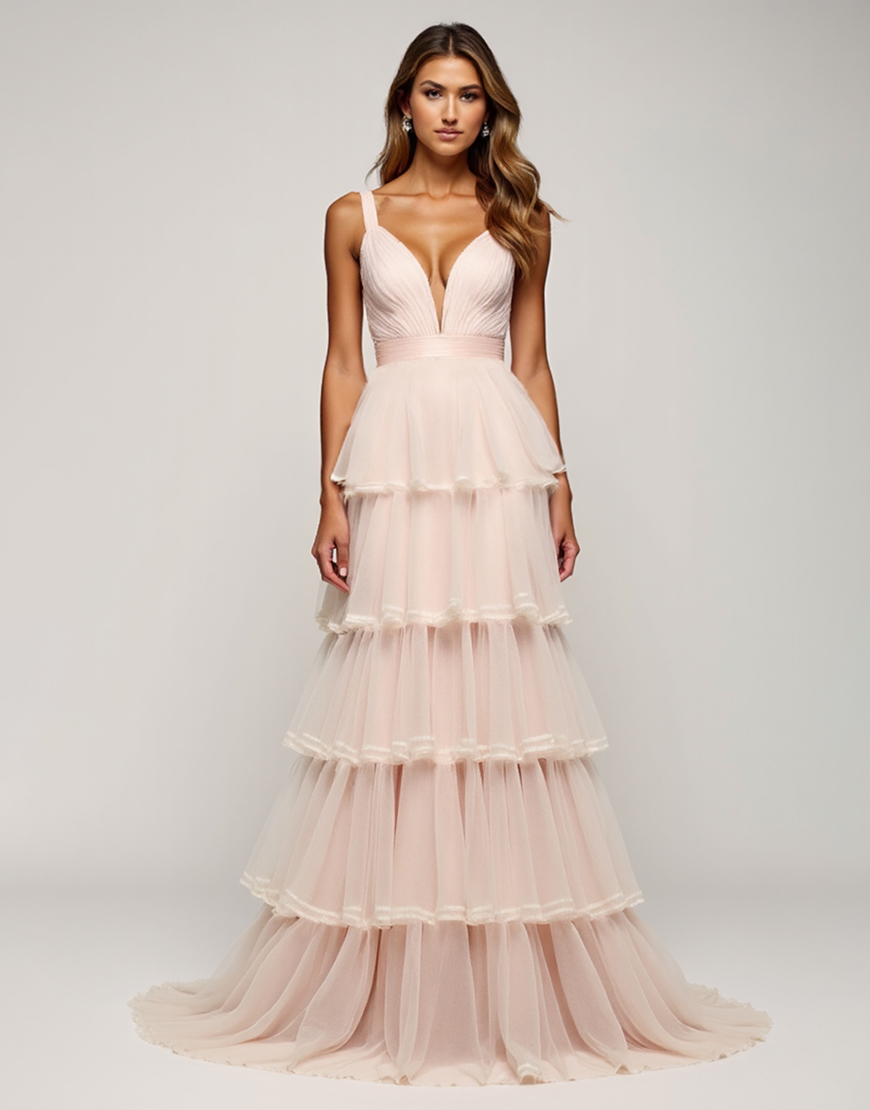 Candy Pink A Line Deep V Neck Ruffles Tulle Long Prom Dress with Slit