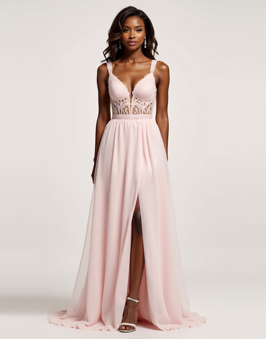 Candy Pink A Line Corset Chiffon Deep V-Neck Long Prom Dress with Slit