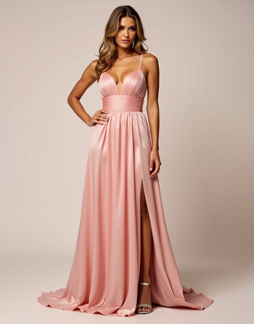 Blush Pink A Line Satin Spaghetti Straps Long Prom Dress with Slit