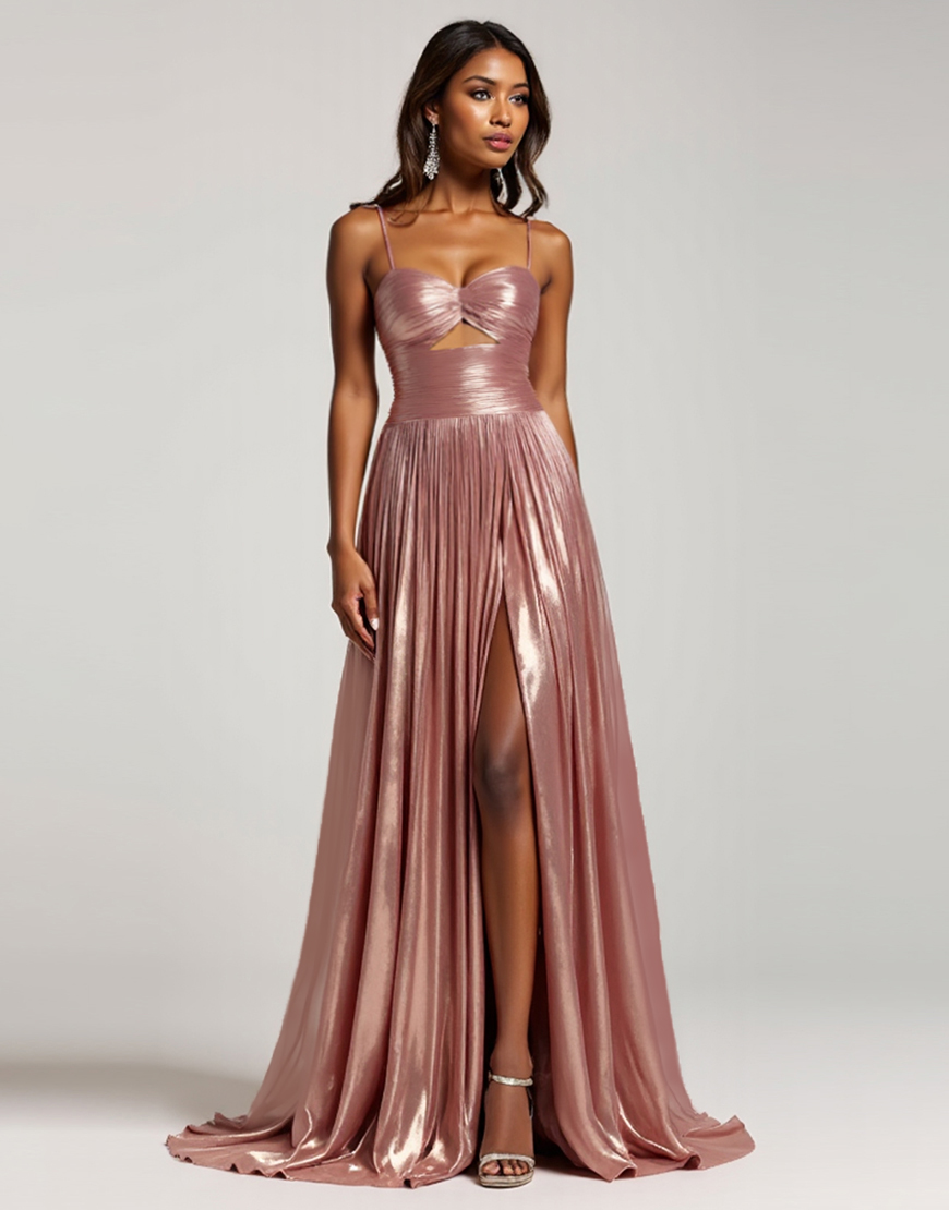 Metallic Dusty Rose A Line Spaghetti Straps Pleated Keyhole Long Prom Dress with Slit