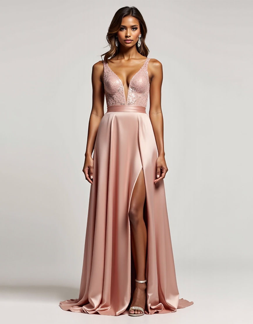 Dusty Rose A Line Satin Deep V-Neck Long Prom Dress with Slit