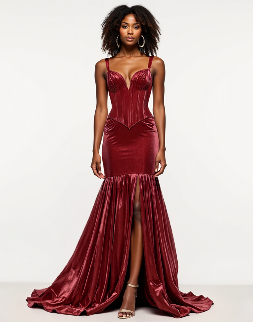 Burgundy Mermaid Velvet Corset Long Prom Dress with Slit